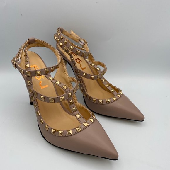 FSJ Nude Studs Shoes Slingback T Strap Stiletto - Picture 4 of 9